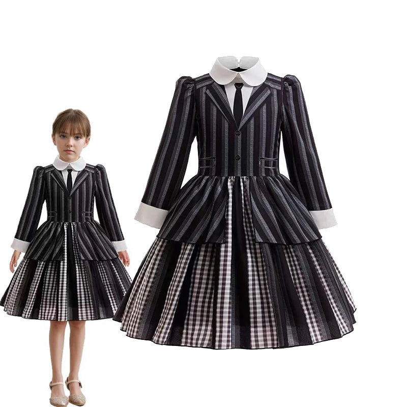 Halloween Gothic Style Costume Dress for Girls Wensday 2 Cosplay Striped School Uniform Party Ball Gown Kids Vestidos Good Vibrations