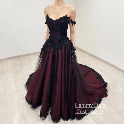 Gothic Wedding Dress Customized Off The Shoulder V Neck Flowers Applique Court Train Black Burgundy A Line Bridal Gown Good Vibrations