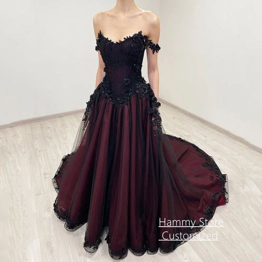 Gothic Wedding Dress Customized Off The Shoulder V Neck Flowers Applique Court Train Black Burgundy A Line Bridal Gown Good Vibrations