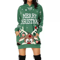 Plus Size Women's Casual Christmas Printed Long Sleeve Pocket Hooded Sweatshirt Loose Dresses Good Vibrations