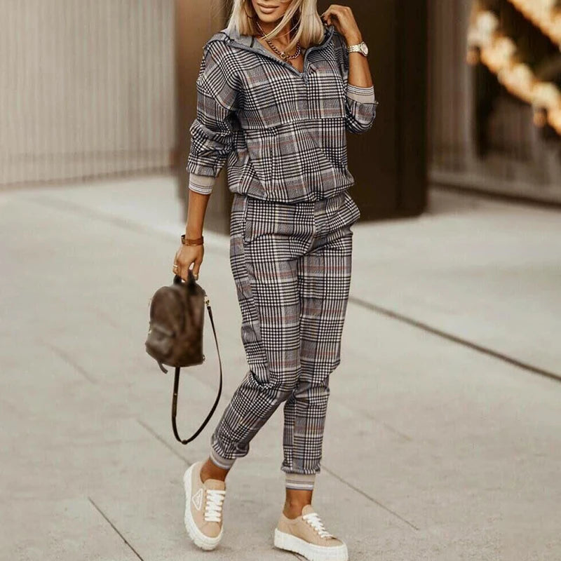 New 2022 Women Fashion Plaid Print Splicing Zipper Front Hooded Top & Pants Set Elegant Two Pieces Suit Flare Pants Outwear Good Vibrations