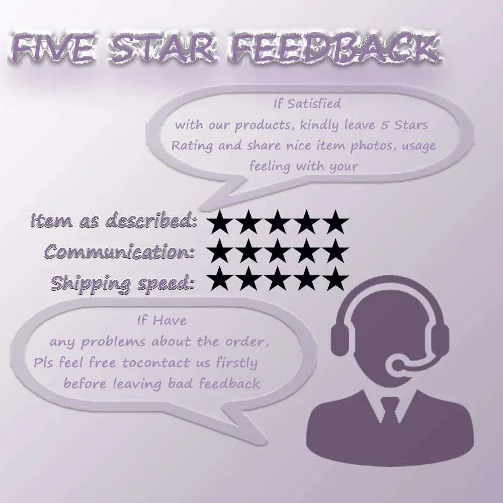 Five-star feedback with rating, communication, shipping speed, and customer support illustration.