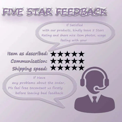 Five-star feedback with rating, communication, shipping speed, and customer support illustration.