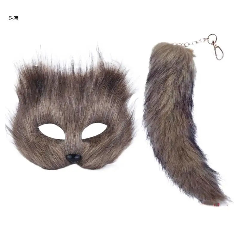 Faux Furs Foxes Tail Cats Mask Therian Mask and Tail Halloween Cosplays Party GOOD Vibrations