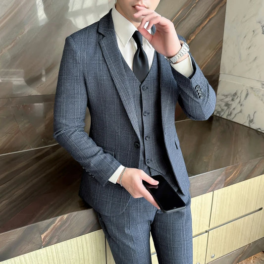 Quality Three-piece Suit Vest Trousers Set for Men Korean Fashion Slim Fit Business Casual Wedding Handsome Style