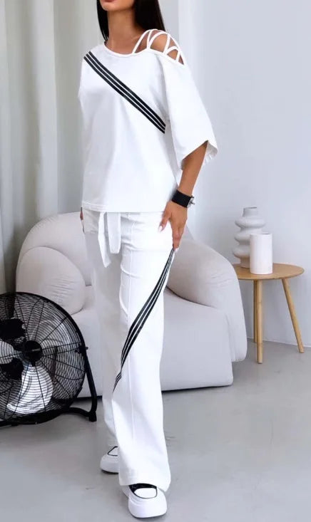 New Fashion Two-piece Women's White Sports Suit Sexy Off Shoulder Loose Sports Shirt+casual Pants Cotton Sportswear Women's Good Vibrations