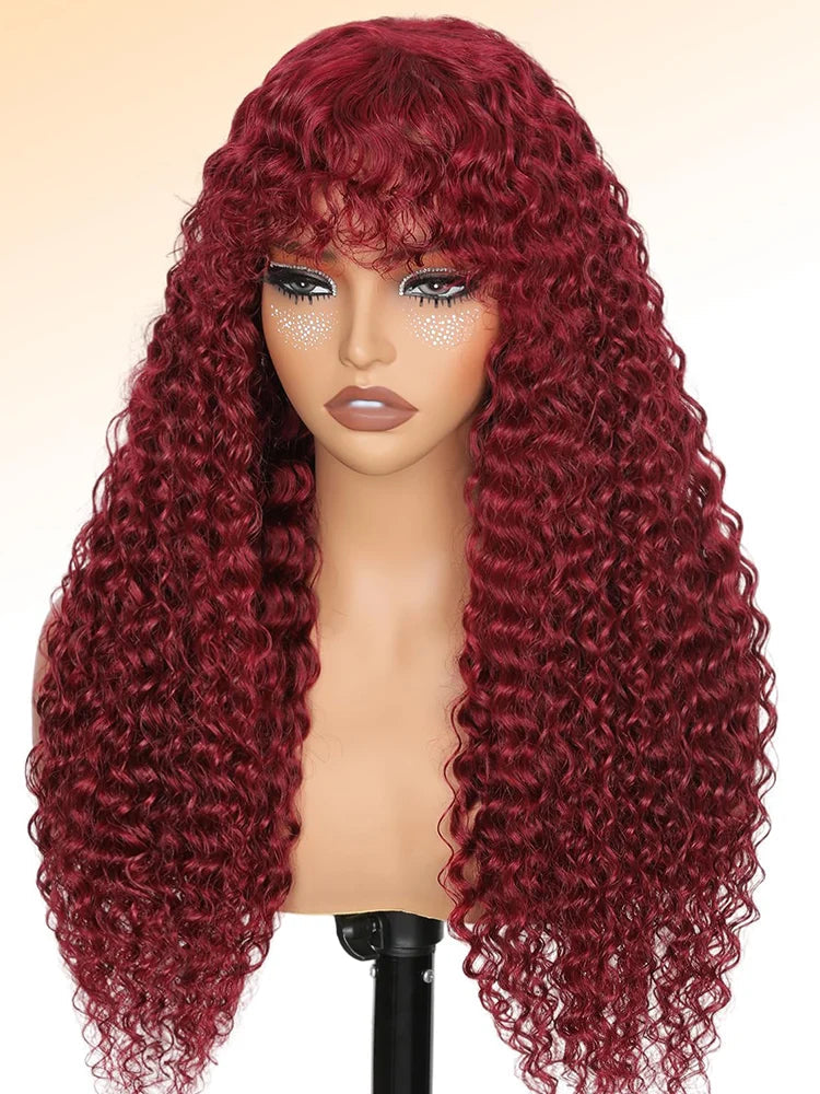Glueless 200% Density 99J Burgundy Full Machine Made Deep Wave Wig with Bangs Water Wave Red Curly Human Hair Wigs Wear and Go Good Vibrations