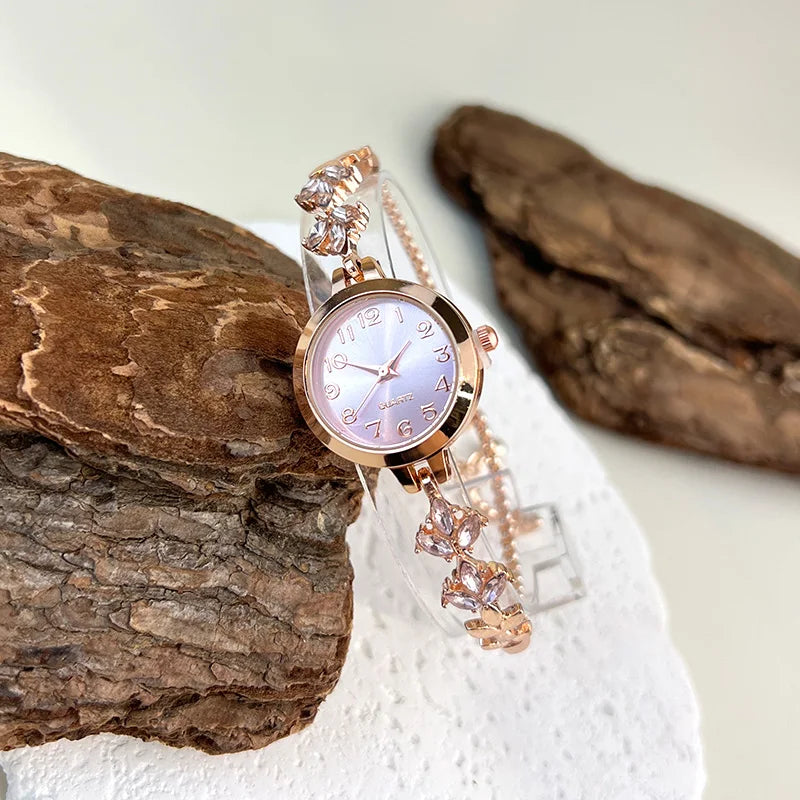 Round alloy case Arabic numeral classic dial leaf-shaped diamond-encrusted fashionable bracelet elegant ladies quartz watch Good Vibrations Adult Super Store