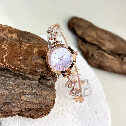 Round alloy case Arabic numeral classic dial leaf-shaped diamond-encrusted fashionable bracelet elegant ladies quartz watch Good Vibrations Adult Super Store