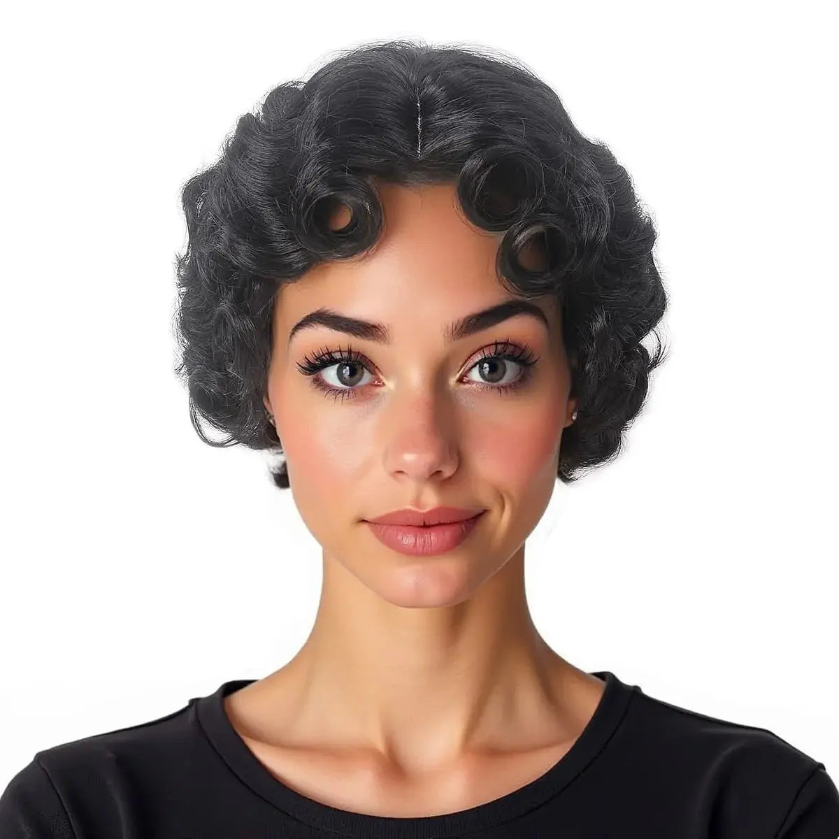 REEWES fShort Curly Finger Wave Wigs With Oblique Bangs 1920s Retro Wavy Cosplay Costume Wig Classy Vintage Wavy Style For Women Good Vibrations