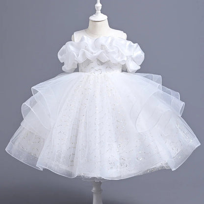 New Girl's Wedding Evening Dress Petal Sequin Mesh Sleeveless Dress Birthday Party School Graduation Party Dress Good Vibrations