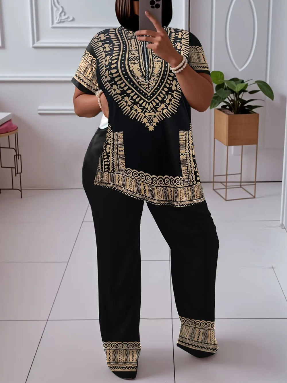 Plus - Size Dope Ethnic - Style Set! Black & Gold Print, Slays & Comfy Good Vibrations