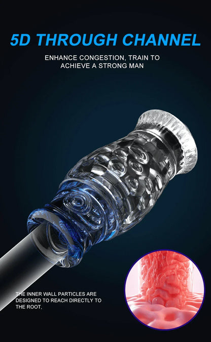 Male masturbator cup with 5D textured channel made of soft silicone in a transparent design.