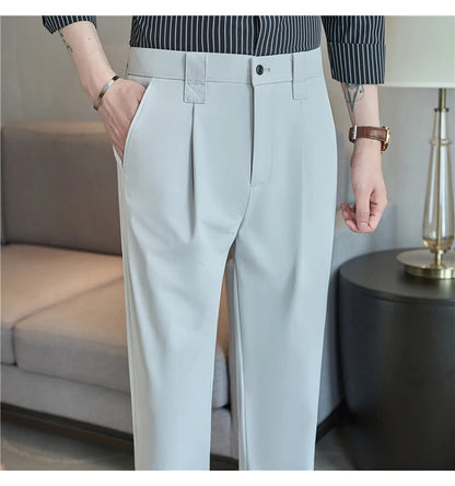 Men Straight Leg Suit Pants Summer Ice Silk Lightweight Elastic Waist Casual Loose Wide-leg Trousers Dress Pants Men Clothing