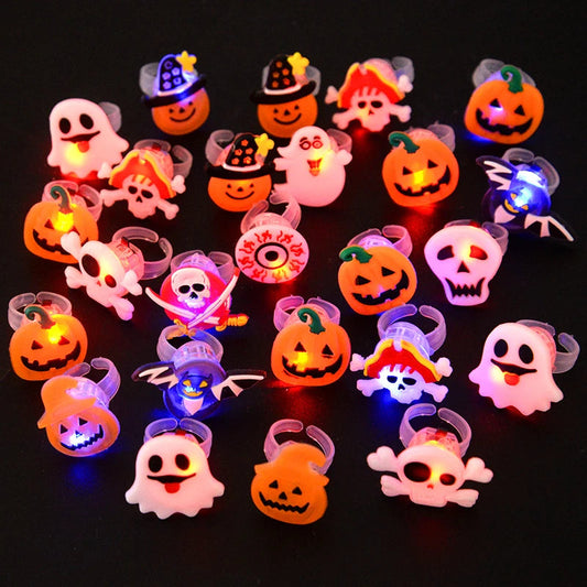5-30Pcs LED Luminous Halloween Rings Glow In Dark Pumpkin Ghost Skull Finger Rings Jewelry For Kids Halloween Party Favors Gifts Good Vibrations