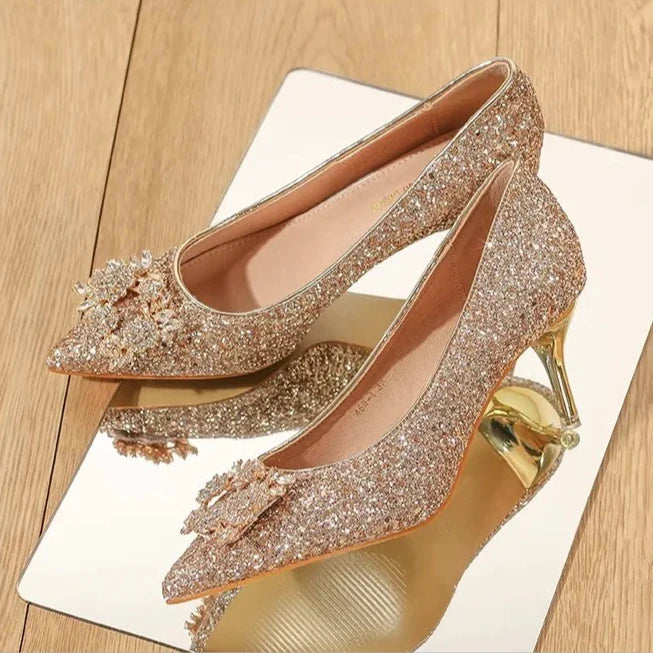 Womens High Heel Shoes Fad Elegant Crystal Pointed Toe Pumps Retro Shallow Mouth Banquet Party Wedding Women Shoes Zapatos Mujer Good Vibrations