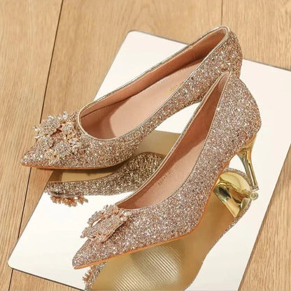 Womens High Heel Shoes Fad Elegant Crystal Pointed Toe Pumps Retro Shallow Mouth Banquet Party Wedding Women Shoes Zapatos Mujer Good Vibrations