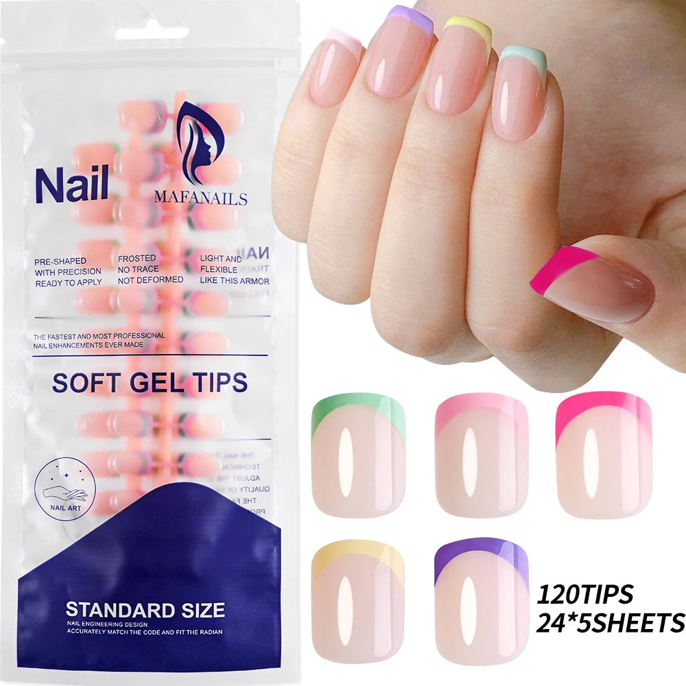 120pcs Pink French Tip Press-On Nails Medium Length Square Shape With Glossy Finish False Nails Full Cover Pre-Shaped Fake Nails Good Vibrations