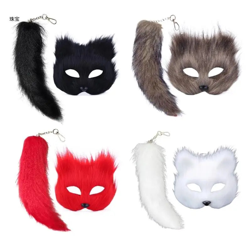 Faux Furs Foxes Tail Cats Mask Therian Mask and Tail Halloween Cosplays Party GOOD Vibrations