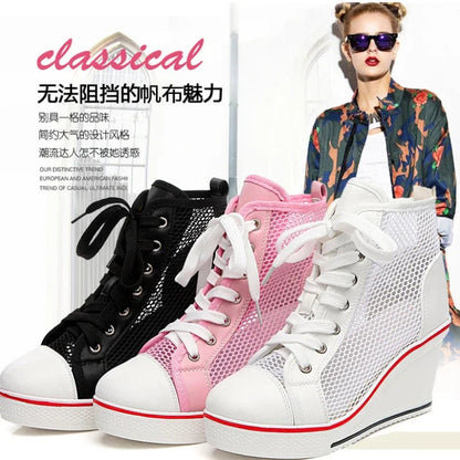 2025  Wedge Heel 8cm Height Increasing Net Shoes Thick Bottom Sandals Women's Casual Lace-up Shoes High-top Hollow Women's Shoes Good Vibrations