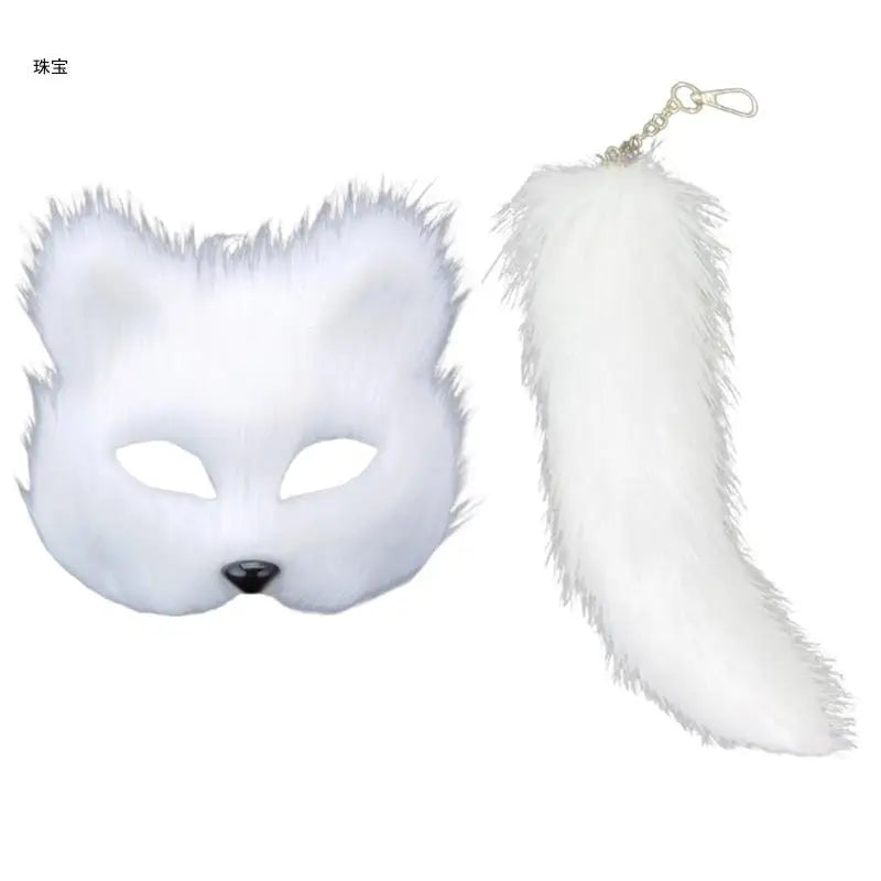 Faux Furs Foxes Tail Cats Mask Therian Mask and Tail Halloween Cosplays Party GOOD Vibrations