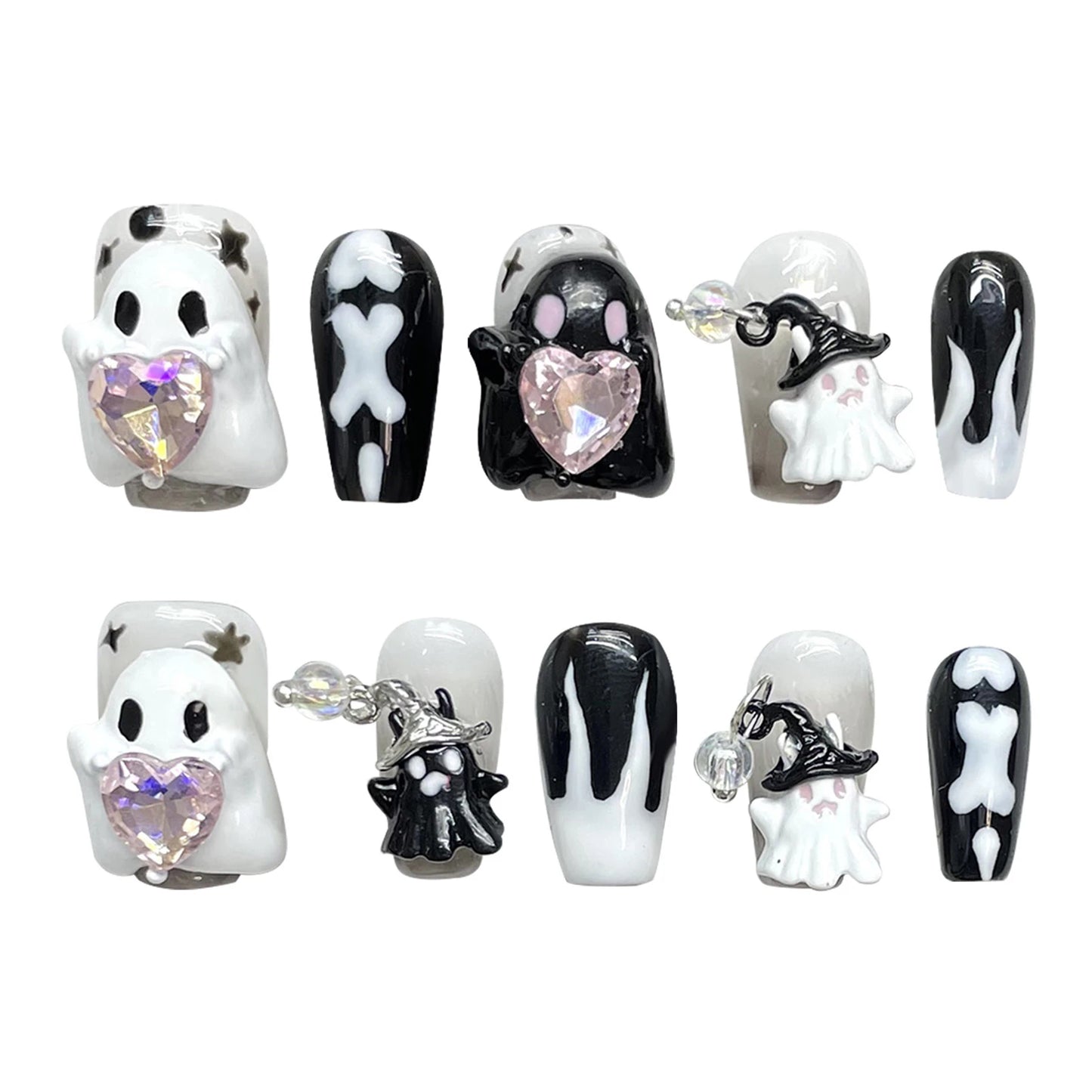 Handmade Press on Nails Cute White Ghost 3D Crystal Decor False Nails Full Cover Wearable Sweet Cool Girls Halloween Fake Nails Good Vibrations