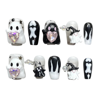 Handmade Press on Nails Cute White Ghost 3D Crystal Decor False Nails Full Cover Wearable Sweet Cool Girls Halloween Fake Nails Good Vibrations