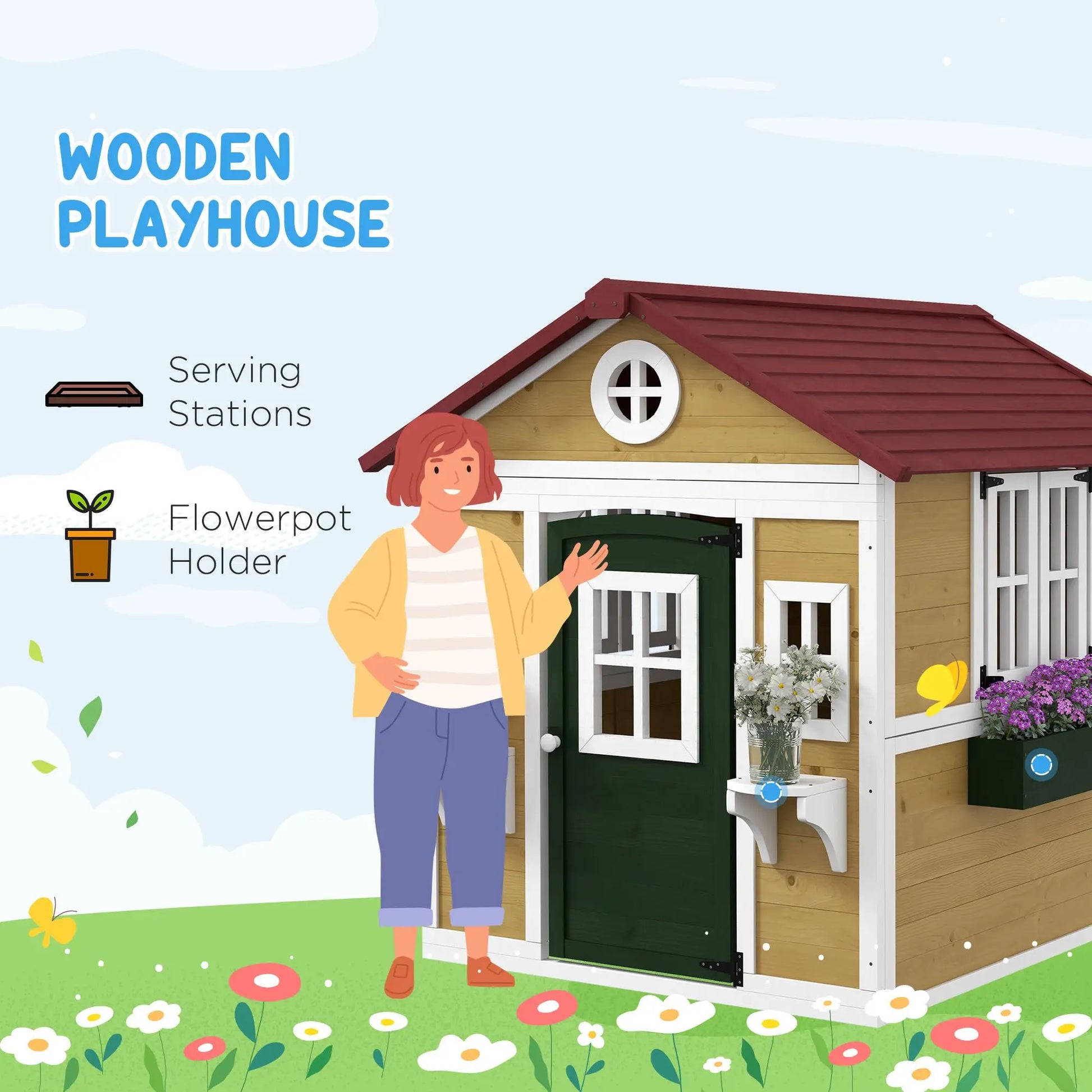 Beige Wooden Playhouse with Outdoor Doors and Windows Planter Pots for Kids 3-8 Years Good Vibrations