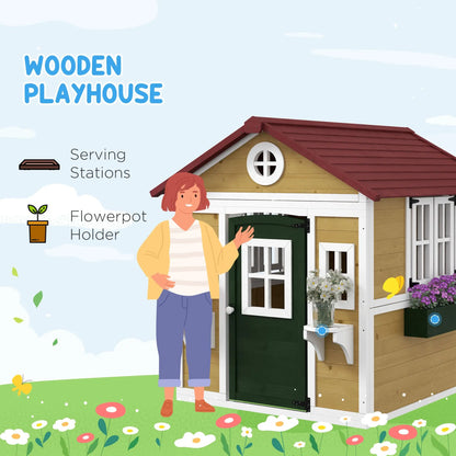Beige Wooden Playhouse with Outdoor Doors and Windows Planter Pots for Kids 3-8 Years Good Vibrations
