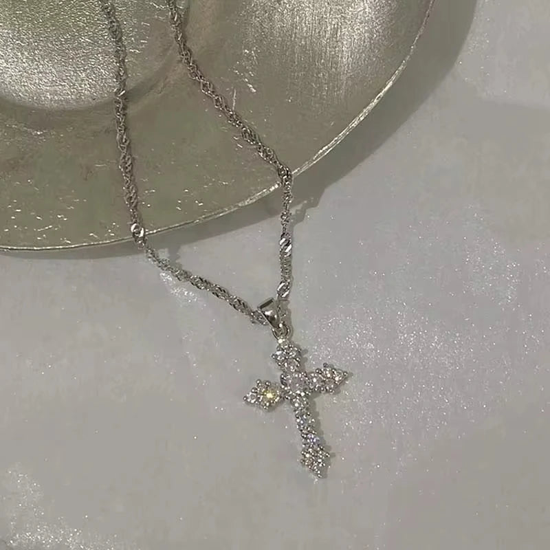 Shiny Crystal Zircon Cross Pendant Necklace for Women Girls Punk Silver Color Thin Chain Necklace Party Jewelry Birthday Gift Good Vibrations