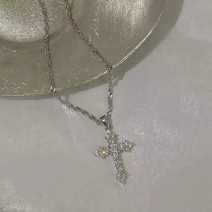Shiny Crystal Zircon Cross Pendant Necklace for Women Girls Punk Silver Color Thin Chain Necklace Party Jewelry Birthday Gift Good Vibrations