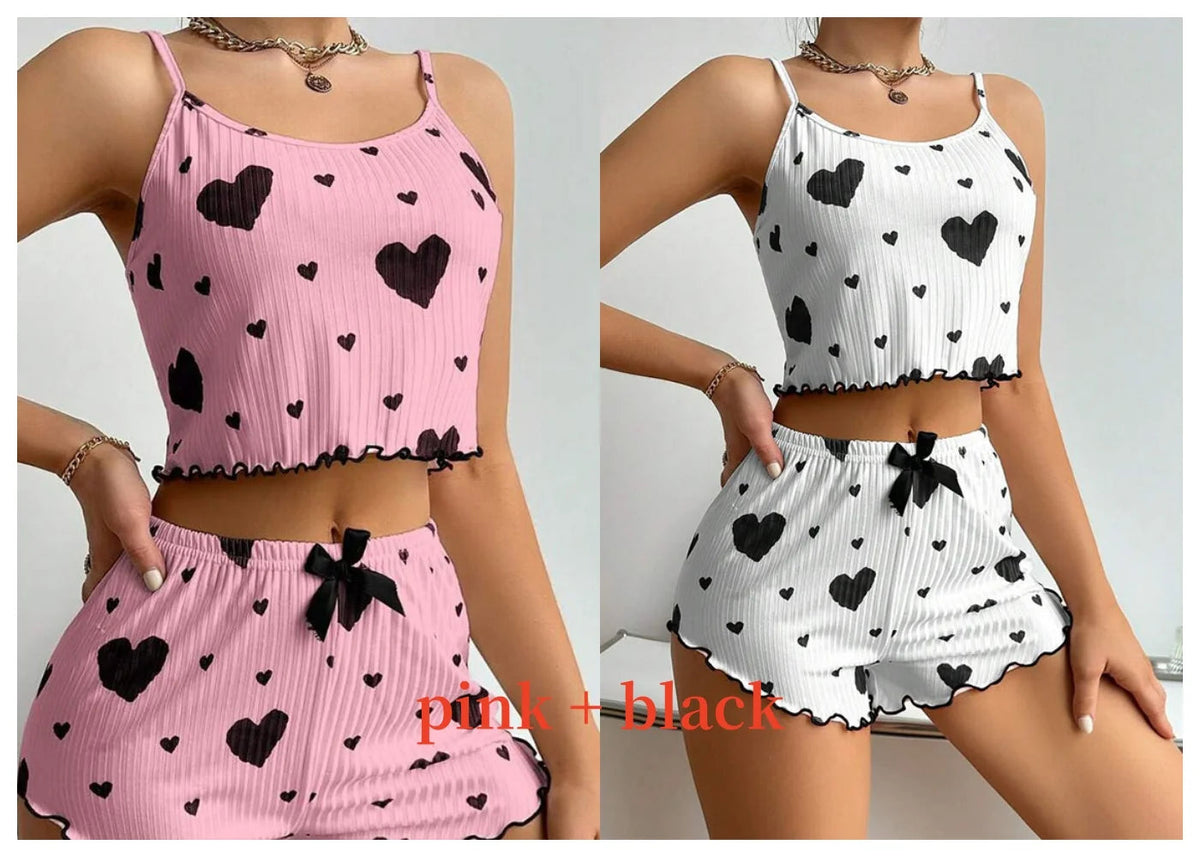 Women's Pajamas Set Sleepwear 2 PCS Short Tank Tops And Shorts S M L White Ventilate Soft Casual Love Printing Good Vibrations