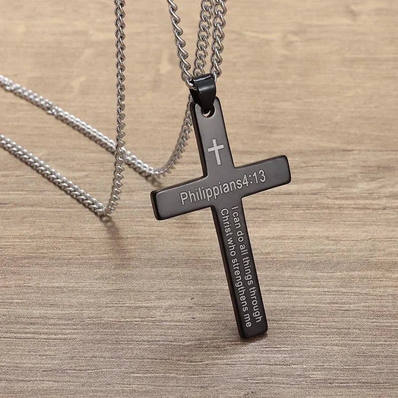 Philippians 4:13 Men's Simple Cross Pendant Necklace Stainless Steel Religious Amulet Jewelry Unisex Bijoux Good Vibrations