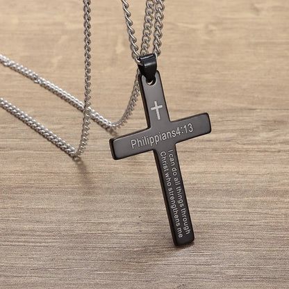 Philippians 4:13 Men's Simple Cross Pendant Necklace Stainless Steel Religious Amulet Jewelry Unisex Bijoux Good Vibrations