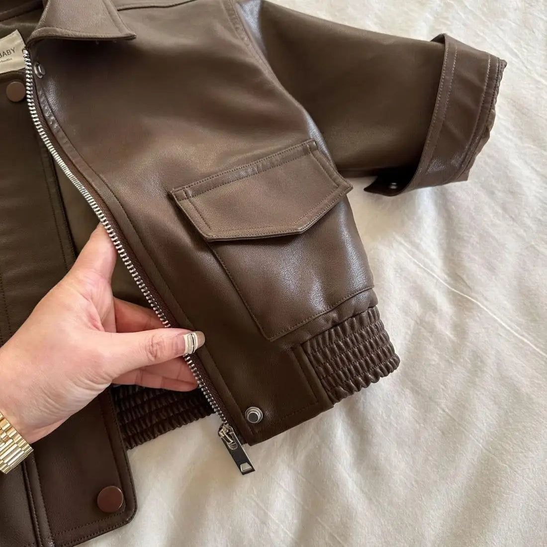 2-10Y Baby Boys Girls Zipper Jackets Brown PU Leather Lapel Collar Coats Korean Style Autumn Single Breasted Toddler Cardigans Good Vibrations