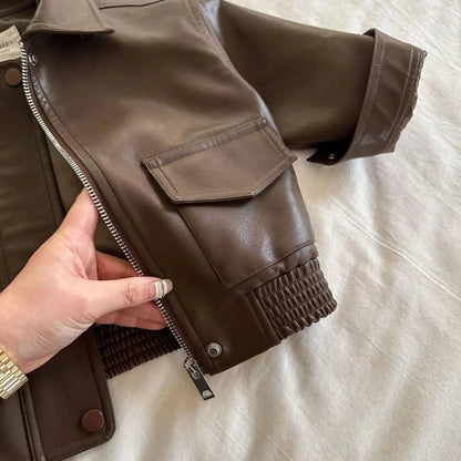 2-10Y Baby Boys Girls Zipper Jackets Brown PU Leather Lapel Collar Coats Korean Style Autumn Single Breasted Toddler Cardigans Good Vibrations