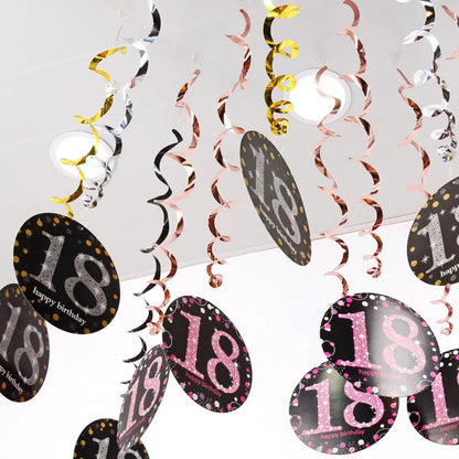 6pcs PVC 18 21 30 40 50 Years Old Spiral Happy Birthday Swirl Hanging Ornaments Party Background Layout Decor Supplies Good Vibrations