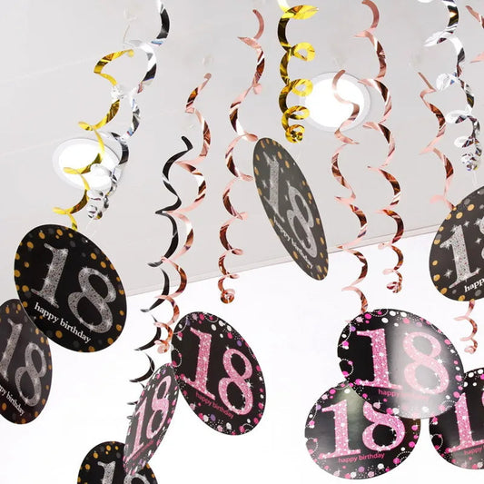 6pcs PVC 18 21 30 40 50 Years Old Spiral Happy Birthday Swirl Hanging Ornaments Party Background Layout Decor Supplies Good Vibrations