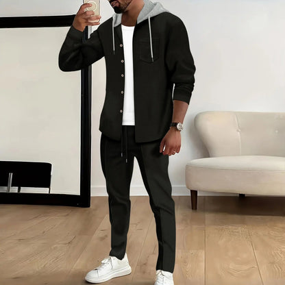 Spring and Autumn New Waffle Men's Casual Slim-Fit Hooded Long-Sleeved Cardigan Matching Color Fashion High Quality Tracksuit Pa Good Vibrations
