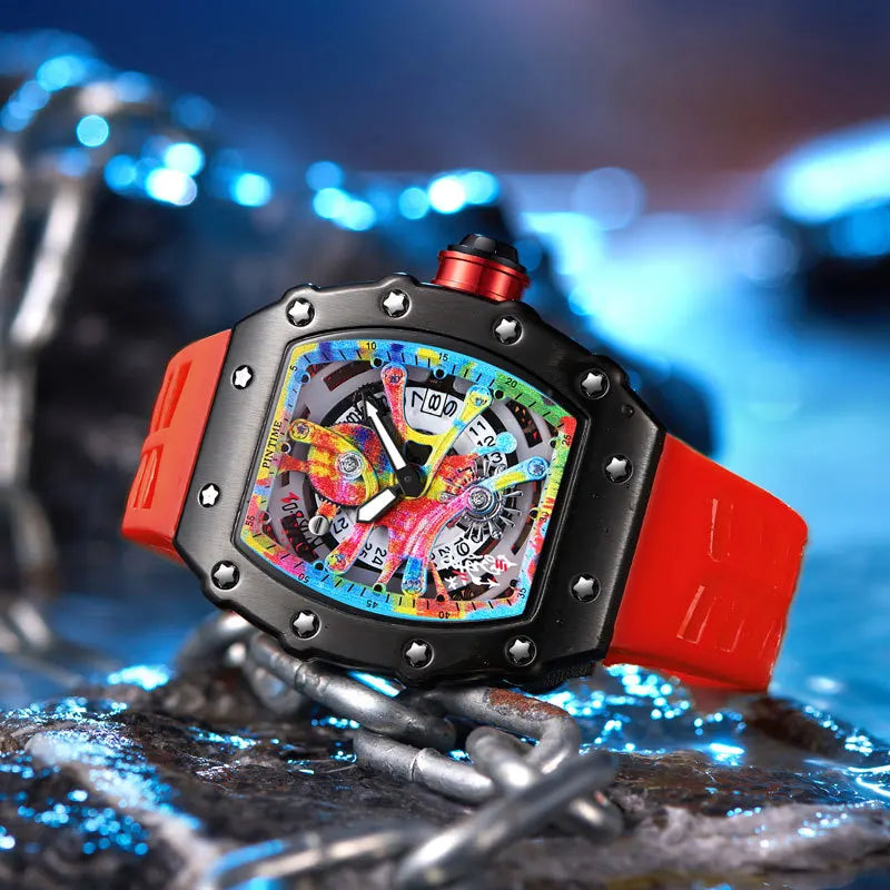 Fashion Mechanical Man Watches Classic Colorful RM Desgin Automatic Visable Wristwatch Causal Men Watch Rubber Strap Belt Good Vibrations