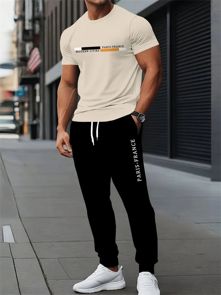 Men's Spring/Fall Two-Piece Set Crew Neck Short Sleeve Top With Relaxed Fit Casual Pants Outdoor Streetwear Minimalist Style Set Good Vibrations
