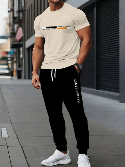 Men's Spring/Fall Two-Piece Set Crew Neck Short Sleeve Top With Relaxed Fit Casual Pants Outdoor Streetwear Minimalist Style Set Good Vibrations
