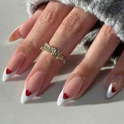 24PCS- white almond fake nails, red love pattern decoration, exquisite elegance, fashion generous, suitable for dating, dinner, Good Vibrations