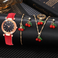 6PCS/Set Red Women's Watch With Minimalist Elements Dial Quartz Watch Latex Strap Cherry Elements Jewelry Set Girl's Gift Good Vibrations Adult Super Store