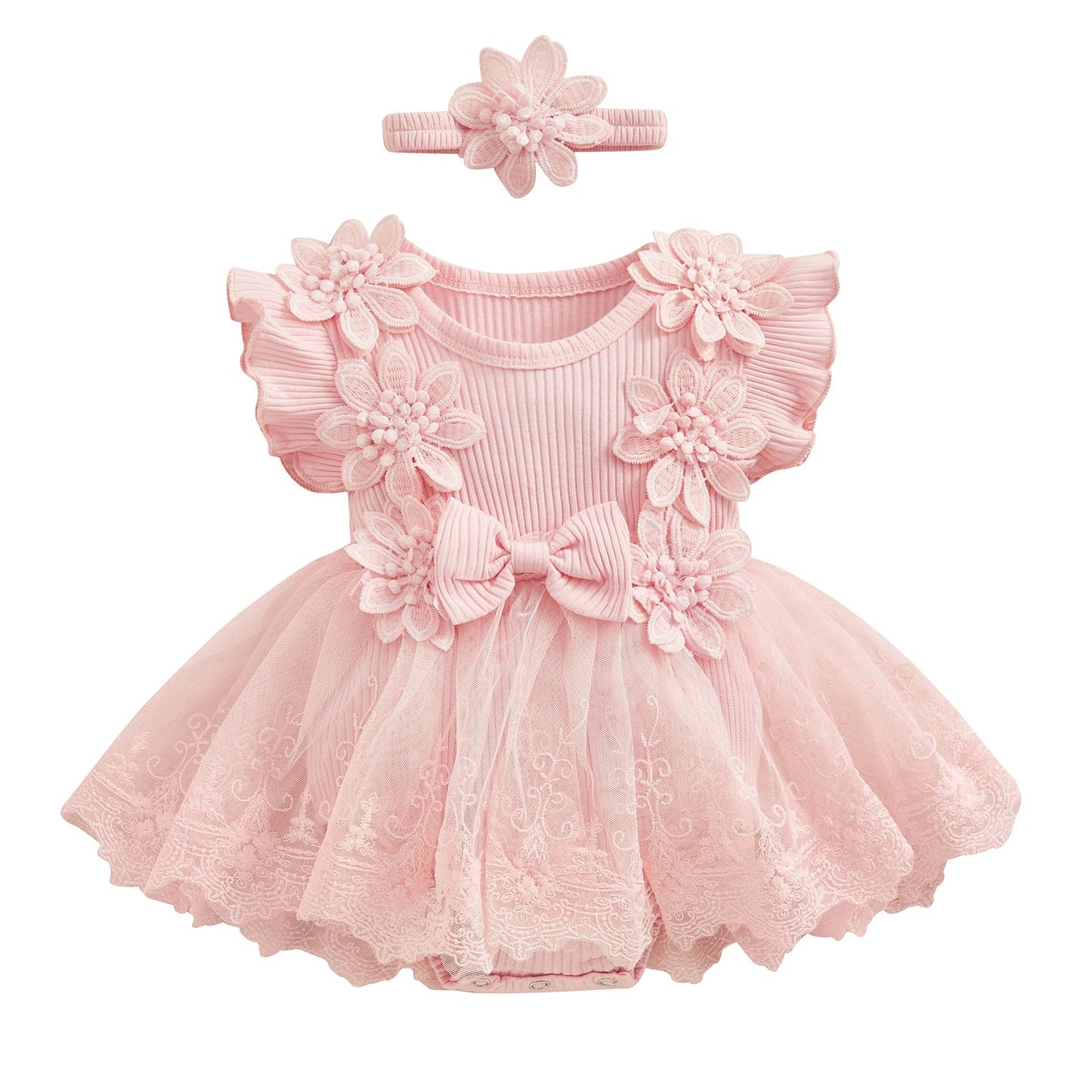 3D Flower Summer Baby Girls Romper Princess Mesh Newborn Clothes Lace Patchwork Ruffle Bodysuit Dress Headband Kids Clothing Good Vibrations
