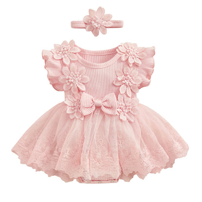 3D Flower Summer Baby Girls Romper Princess Mesh Newborn Clothes Lace Patchwork Ruffle Bodysuit Dress Headband Kids Clothing Good Vibrations
