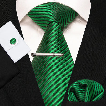 8cm Silk Mens Ties Green Black Ties plaid stripe NeckTie Pocket Square Cufflinks Tie clips Set Men's Wedding business Party Tie Good Vibrations