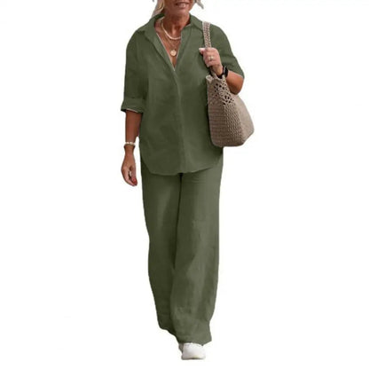 Two-piece Set Women Summer Suit Plus Size Cotton Linen Single-breasted Shirt Trousers Casual Top Wide Leg Pants Loose Outfits Good Vibrations