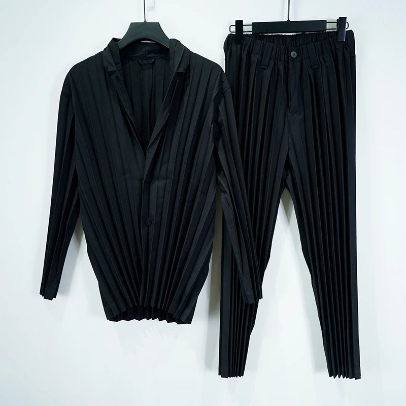 Miyake Pleated Men's Suit Solid-Color Pleats Blazer + Slim-Fit Straight-Leg Pants Plisse 2025 Fall New Minimalist Fold Suit Good Vibrations