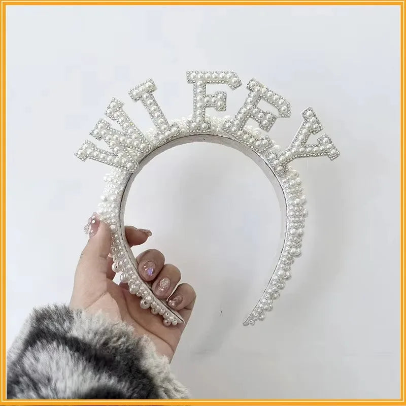 Bride to be Pearl crown Headband Bach Bachelorette hen Party Bridal Shower wedding engagement rehearsal dinner Decoration Gift Good Vibrations